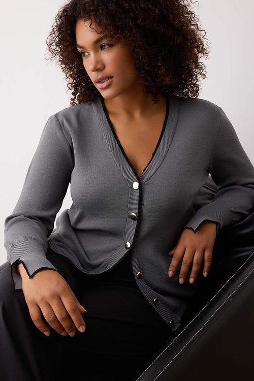 Plus Button Detailed Striped Knitwear Cardigan - Grey