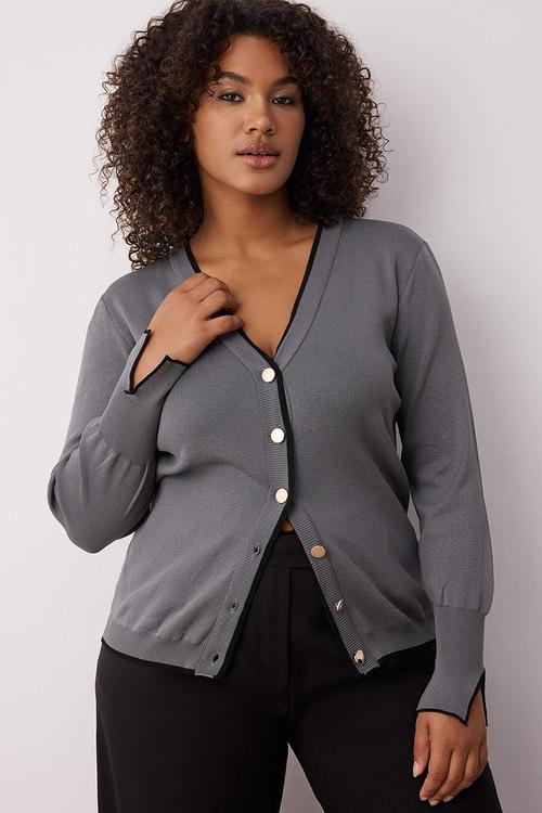 Plus Button Detailed Striped Knitwear Cardigan - Grey
