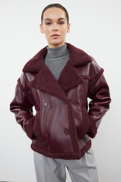 Faux Leather Biker Jacket with Plush Detail - Claret Red