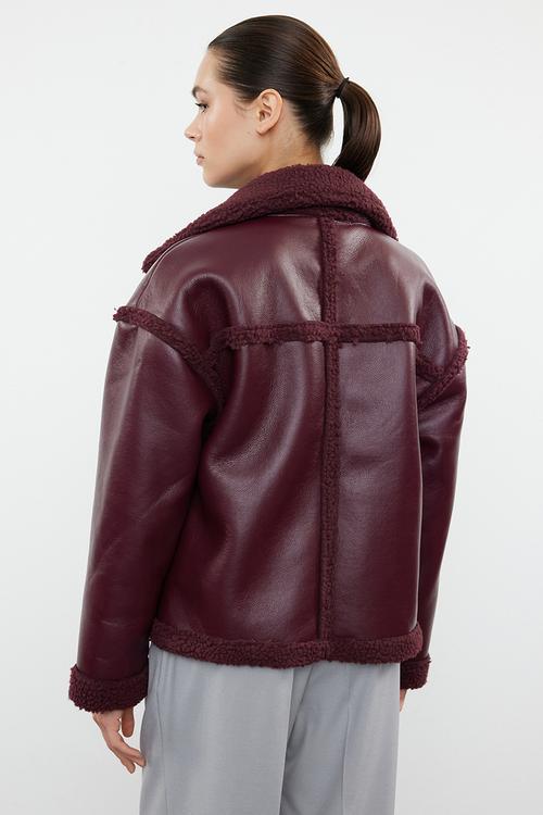Faux Leather Biker Jacket with Plush Detail - Claret Red