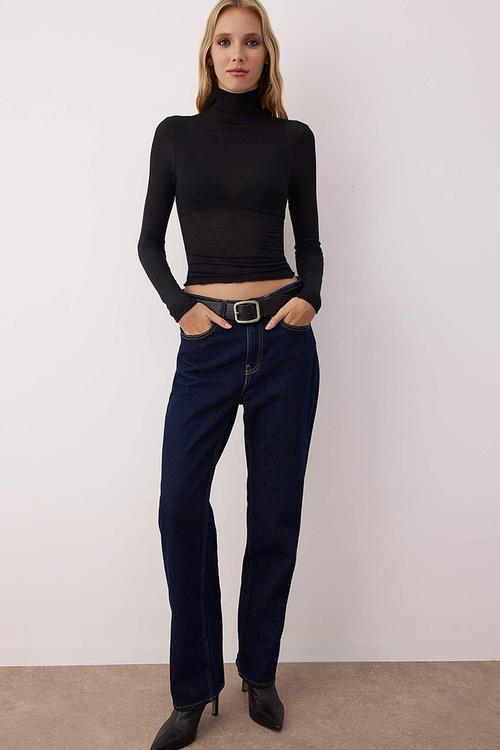 See-Through Stand Collar Stretch Regular Length Knitted Blouse - Black