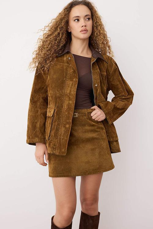 Collar Leather Detailed Suede Look Oversize Denim Jacket - Camel