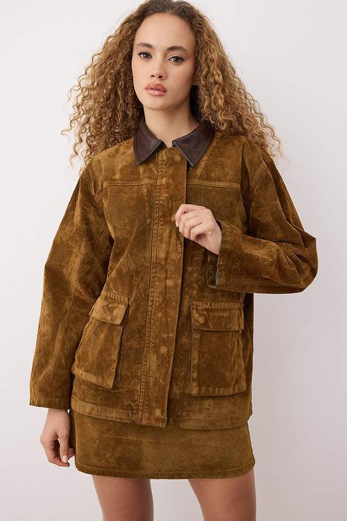 Collar Leather Detailed Suede Look Oversize Denim Jacket - Camel