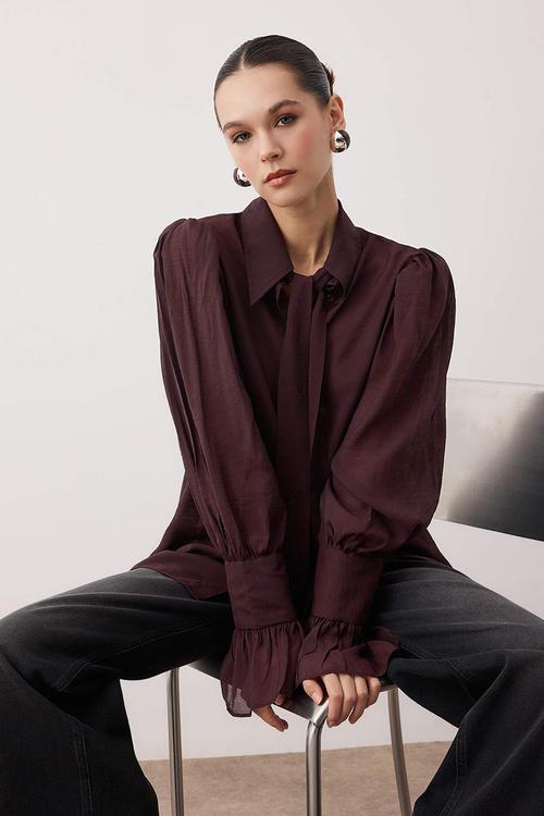 Binding Detail Lightweight Transparent Soft Feel Boho Shirt - Brown