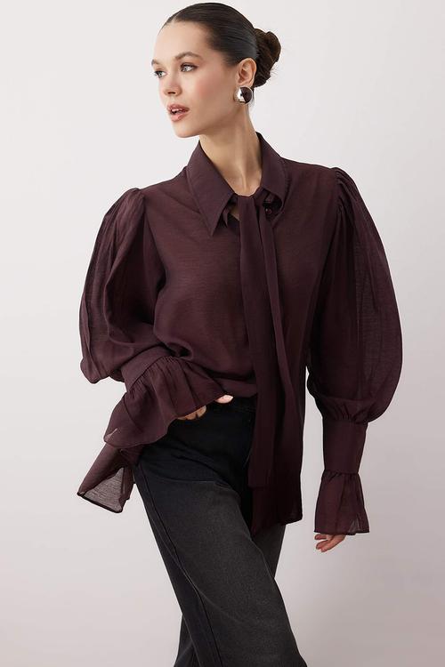 Binding Detail Lightweight Transparent Soft Feel Boho Shirt - Brown