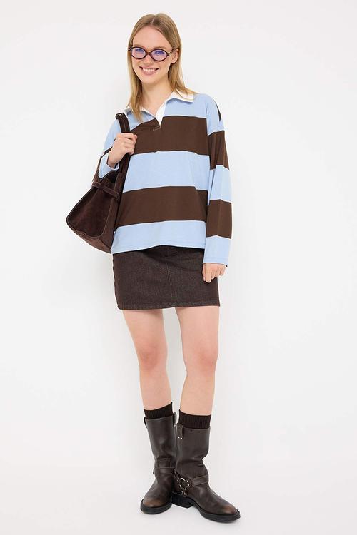 Striped Polo Neck Oversize/Wide Fit Knitted Sweatshirt - Brown & Blue