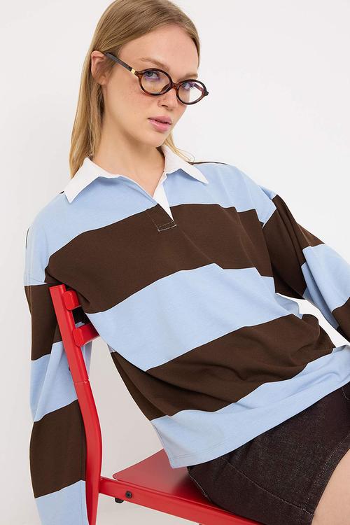 Striped Polo Neck Oversize/Wide Fit Knitted Sweatshirt - Brown & Blue