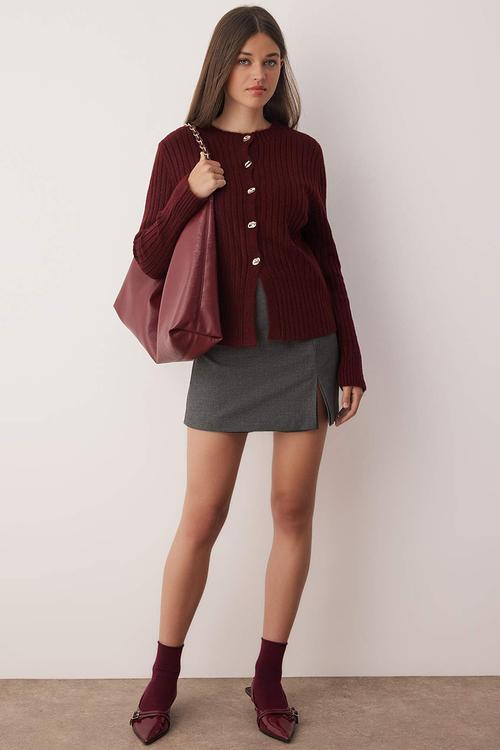 Button Detailed Soft Textured Slit Detailed Knitwear Cardigan - Burgundy