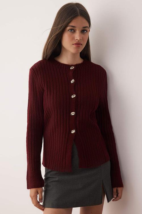 Button Detailed Soft Textured Slit Detailed Knitwear Cardigan - Burgundy