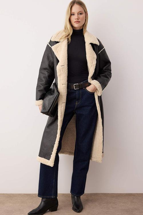 Double-Sided Plush Mono Closure Oversize Long Faux Leather Coat - Black