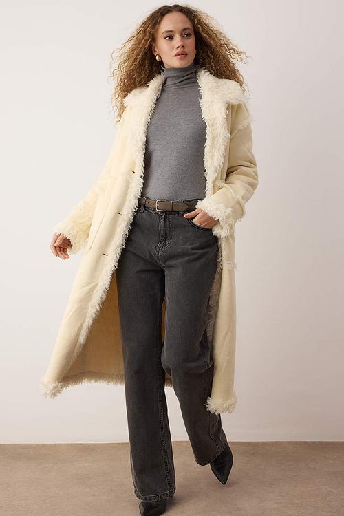 Faux Fur Mono Closure Oversized Long Suede Coat - Ecru