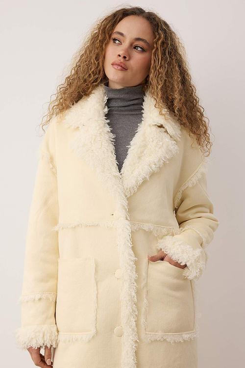 Faux Fur Mono Closure Oversized Long Suede Coat - Ecru