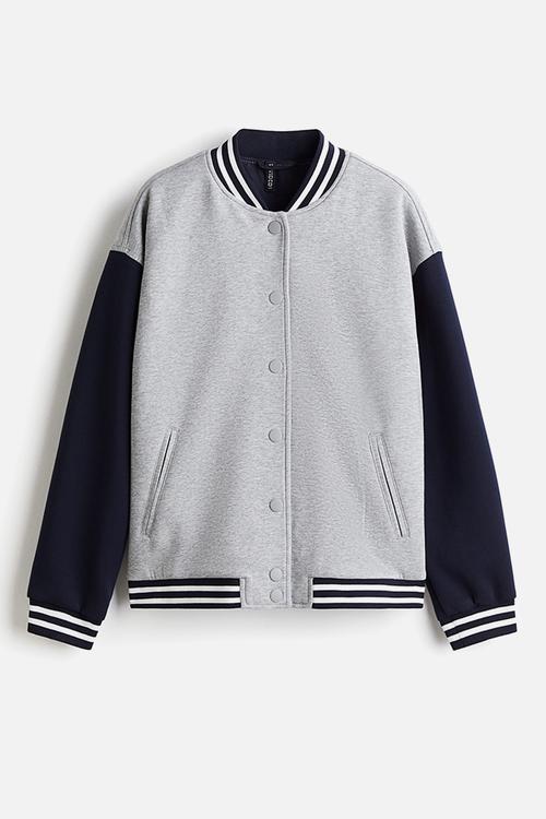 Motif-detail baseball jacket - light grey marl/colour block 