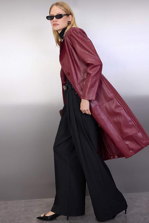 Faux Leather Mono Closure Regular Long Coat - Burgundy