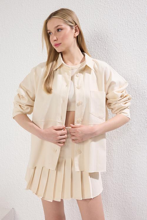 Back Lace Detail Pocket Regular Gabardine Jacket - Beige