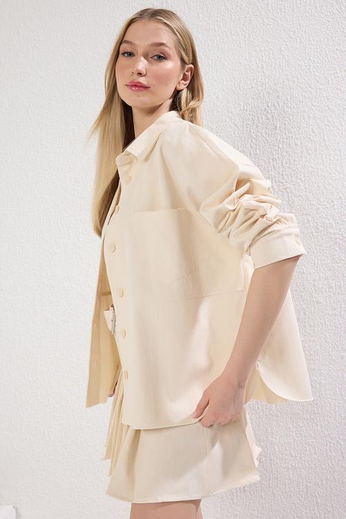 Back Lace Detail Pocket Regular Gabardine Jacket - Beige