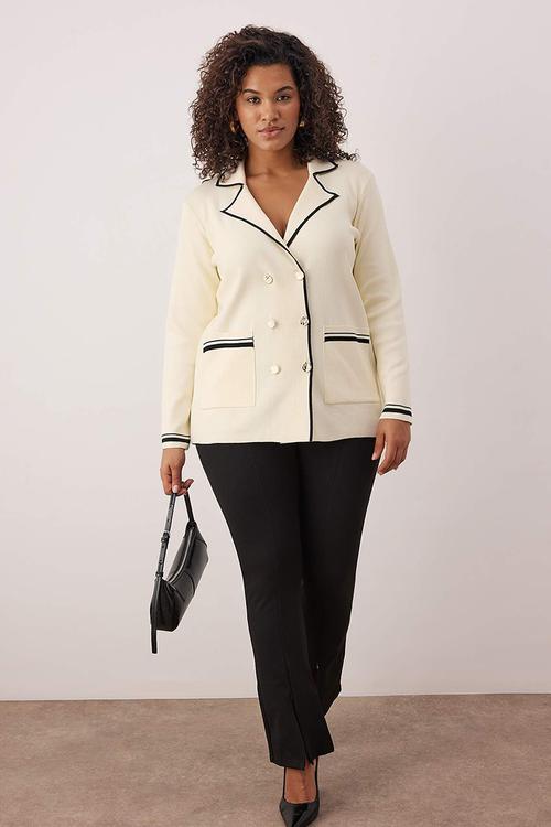 Jacket Collar Line Detailed Knitwear Jacket Look Cardigan - Ecru