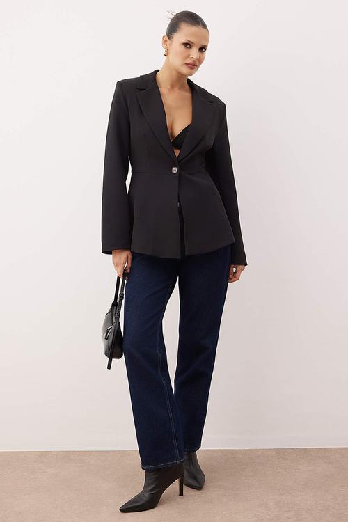 Fitted/Bodycon Single Button Woven Blazer Jacket - Black