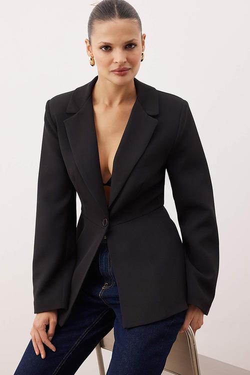 Fitted/Bodycon Single Button Woven Blazer Jacket - Black