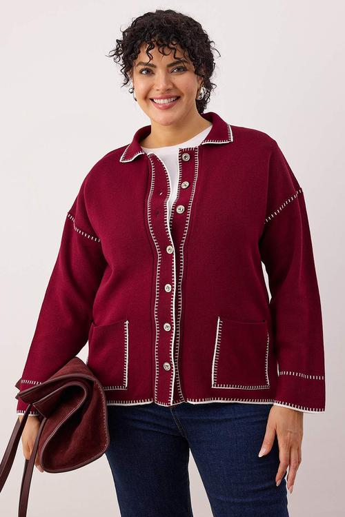 Polo Neck Embroidered Knitwear Cardigan - Burgundy