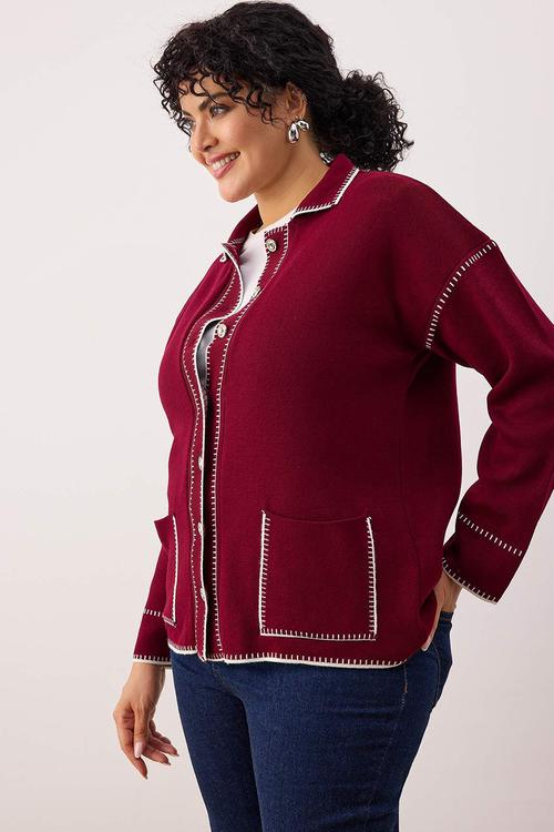 Polo Neck Embroidered Knitwear Cardigan - Burgundy