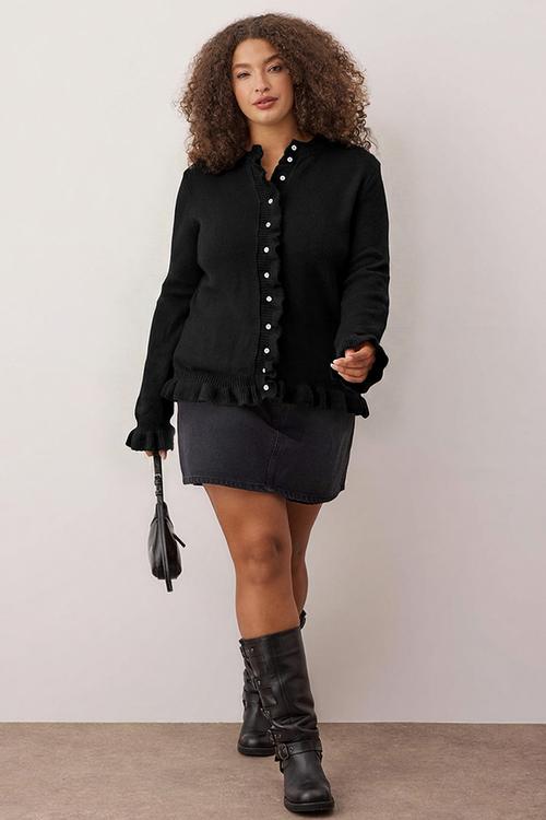 Button & Flywheel Detailed Soft Textured Knitwear Cardigan - Black
