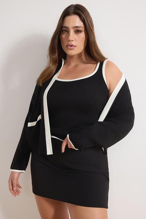 Line Detailed Knitwear 2-Piece Blouse-Cardigan Set - Black