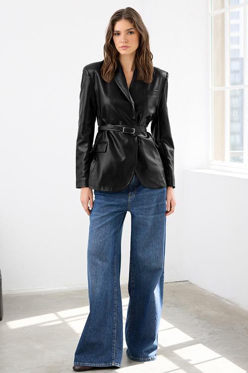Belted Double-Breasted Closure Faux Leather Woven Blazer Jacket - Black