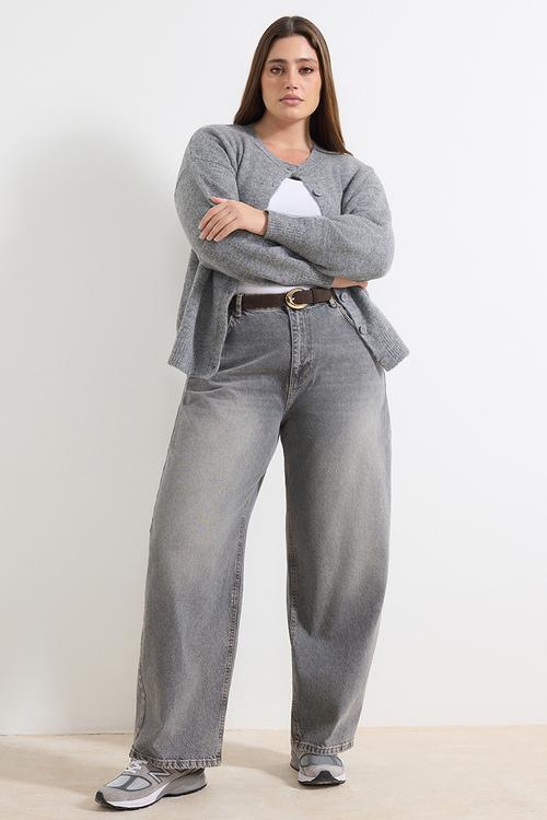 High Waist Barrel Baggy Plus Size Jeans - Grey