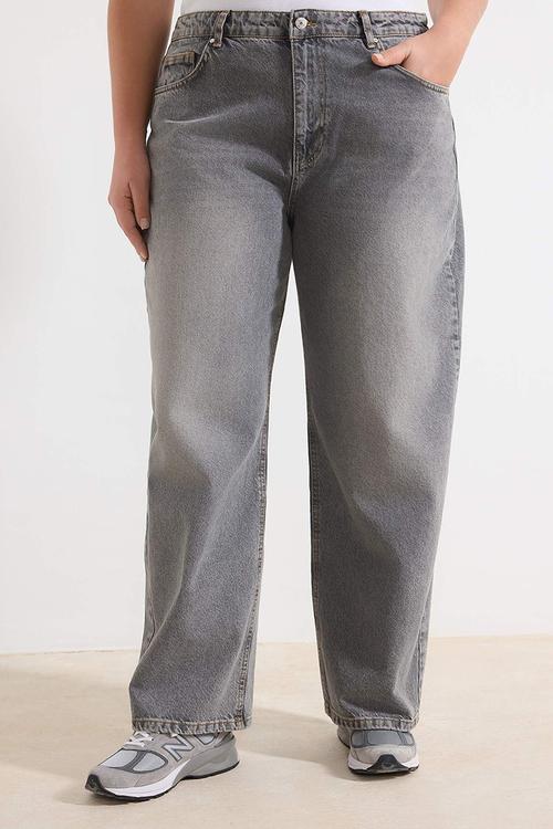 High Waist Barrel Baggy Plus Size Jeans - Grey