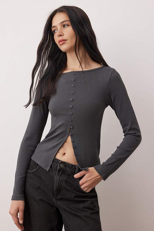 Button Detailed Crew Neck Corded Fabric Flexible Regular Length Knitted Blouse - Anthracite
