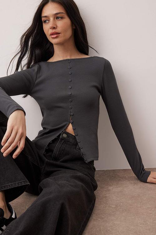 Button Detailed Crew Neck Corded Fabric Flexible Regular Length Knitted Blouse - Anthracite