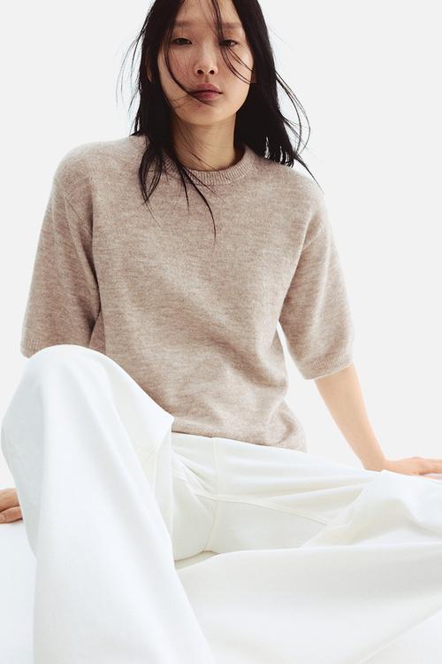 Knitted T-shirt - beige marl 