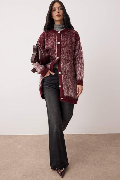 Feathered/Fleece-Lined Knitwear Cardigan - Burgundy