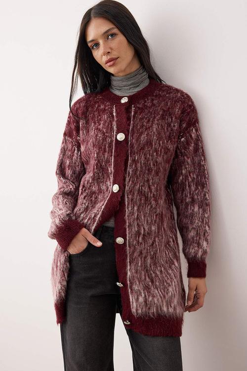 Feathered/Fleece-Lined Knitwear Cardigan - Burgundy