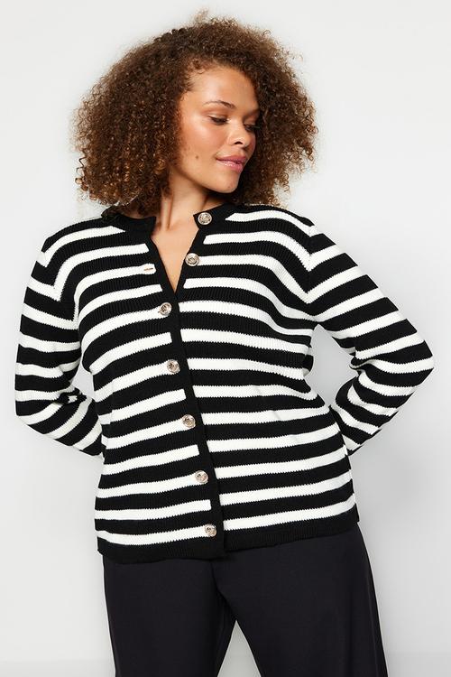 Striped Jacket Look Knitwear Cardigan - Black-White