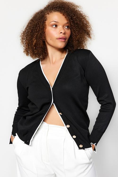 Gold Button Detailed Striped Knitwear Cardigan - Black