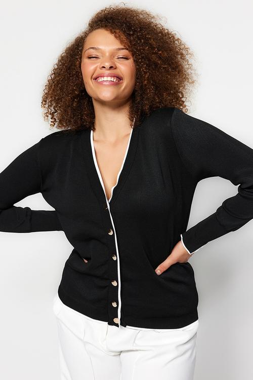Gold Button Detailed Striped Knitwear Cardigan - Black