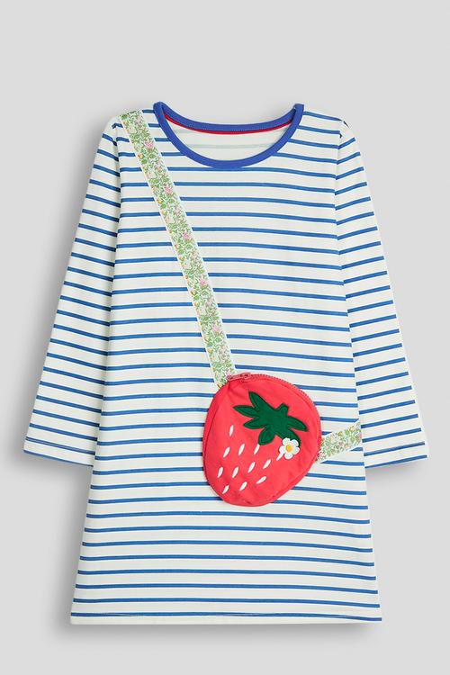 Tshirt dress with floral strap strawberry pocket - blue stripes/multi