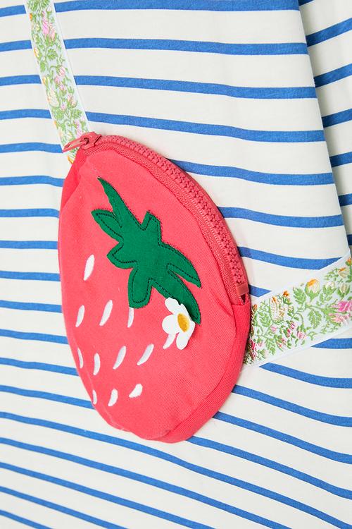 Tshirt dress with floral strap strawberry pocket - blue stripes/multi