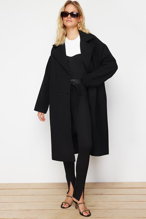 Oversize Wide Cut Long Wool Cashmere Coat - Black