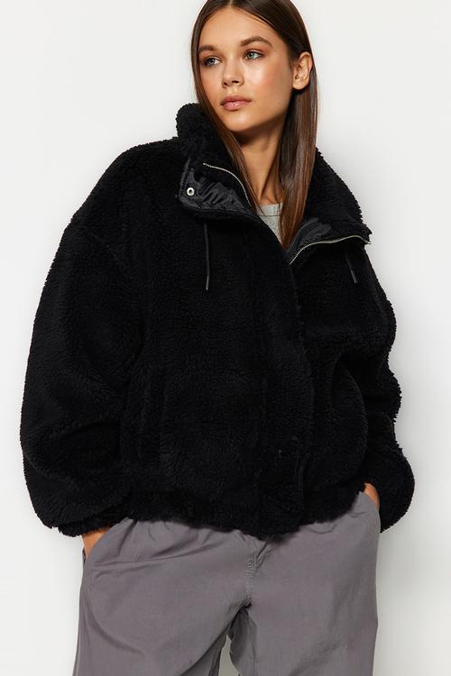 Plush Oversize Jacket with Zipper - Black