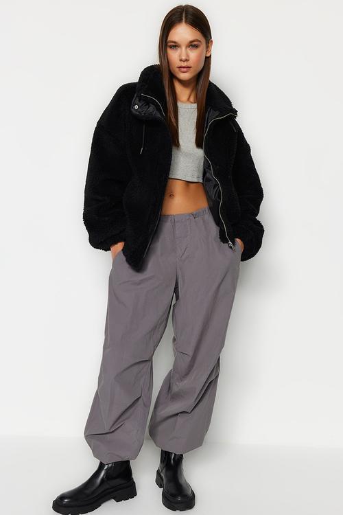 Plush Oversize Jacket with Zipper - Black