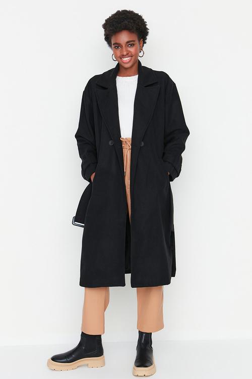 Oversize Wide Cut Belted Long Wool Stamp Coat - Black