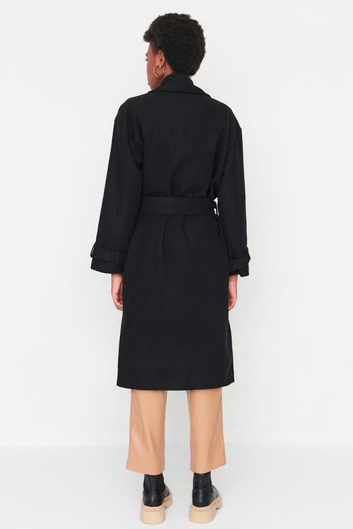 Oversize Wide Cut Belted Long Wool Stamp Coat - Black