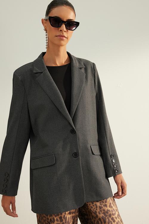 Premium Oversize Lined Woven Blazer Jacket - Anthracite