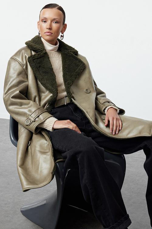 Collar Fur Detailed Oversize Long Coat - Khaki