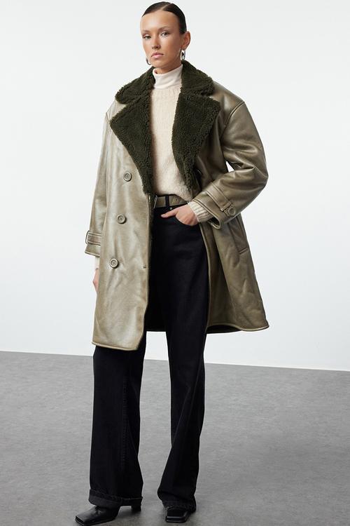 Collar Fur Detailed Oversize Long Coat - Khaki