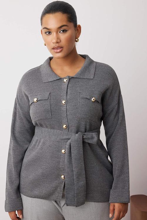 Plus Belted Knitwear Cardigan - Anthracite