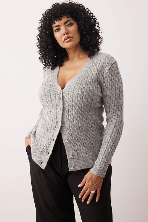 Hair Braided Gem Button Soft Feel Knitwear Cardigan - Grey